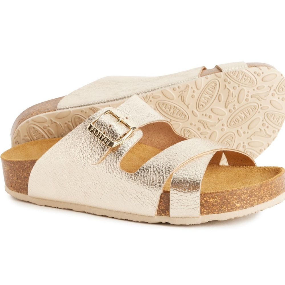 Plakton Gold (not yellow) Women size 10 or 41
Leather Cork Sanals w/ gold Buckle